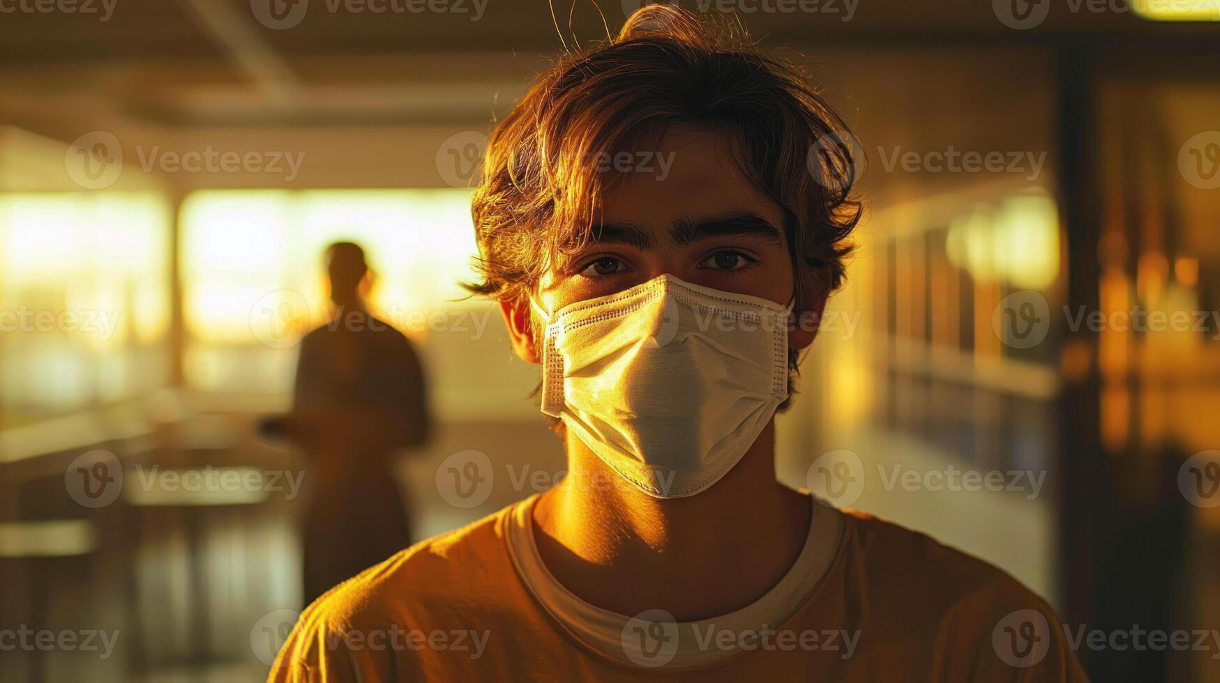 Calm face with mask, basic clothing, soft lighting, spacious environment, warm tones photo