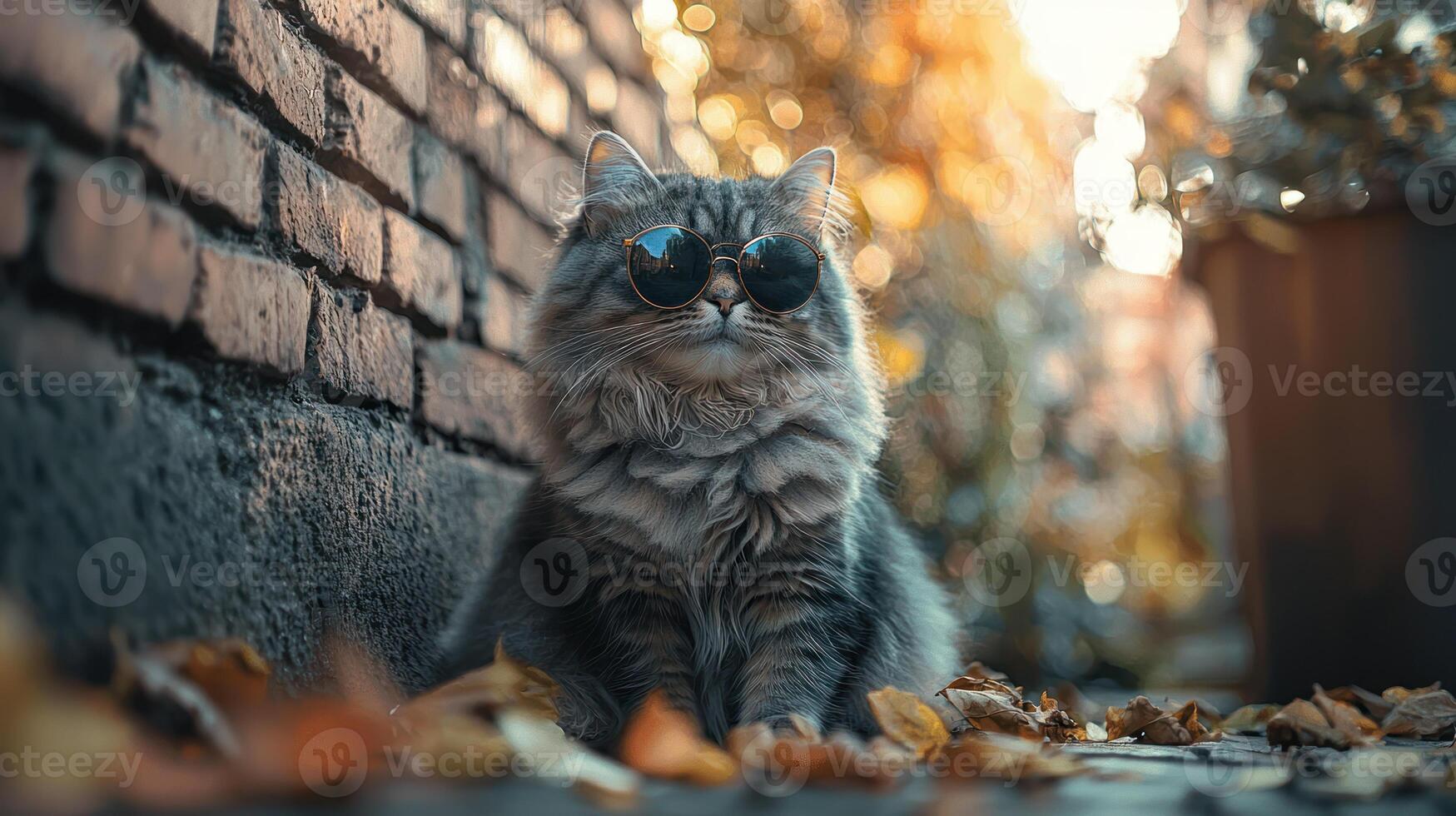 fluffy cat wearing tiny sunglasses, posing confidently among leaves photo