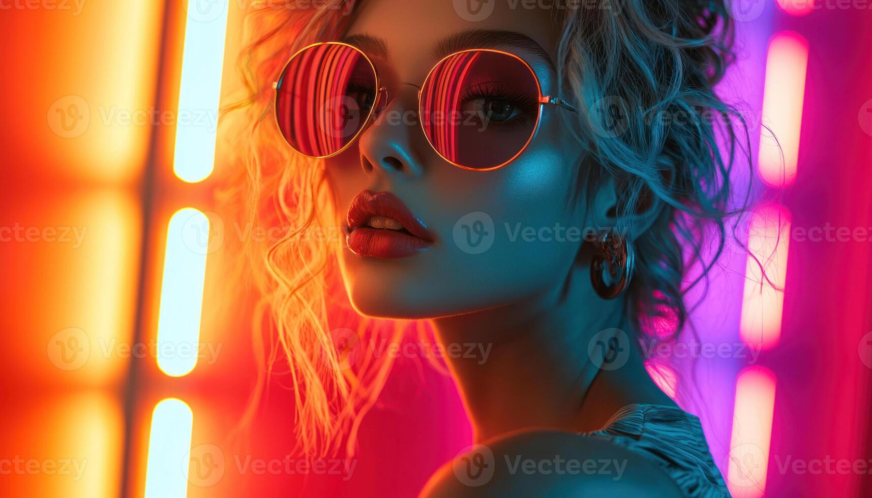 Stylish woman with vibrant sunglasses in colorful lighting photo