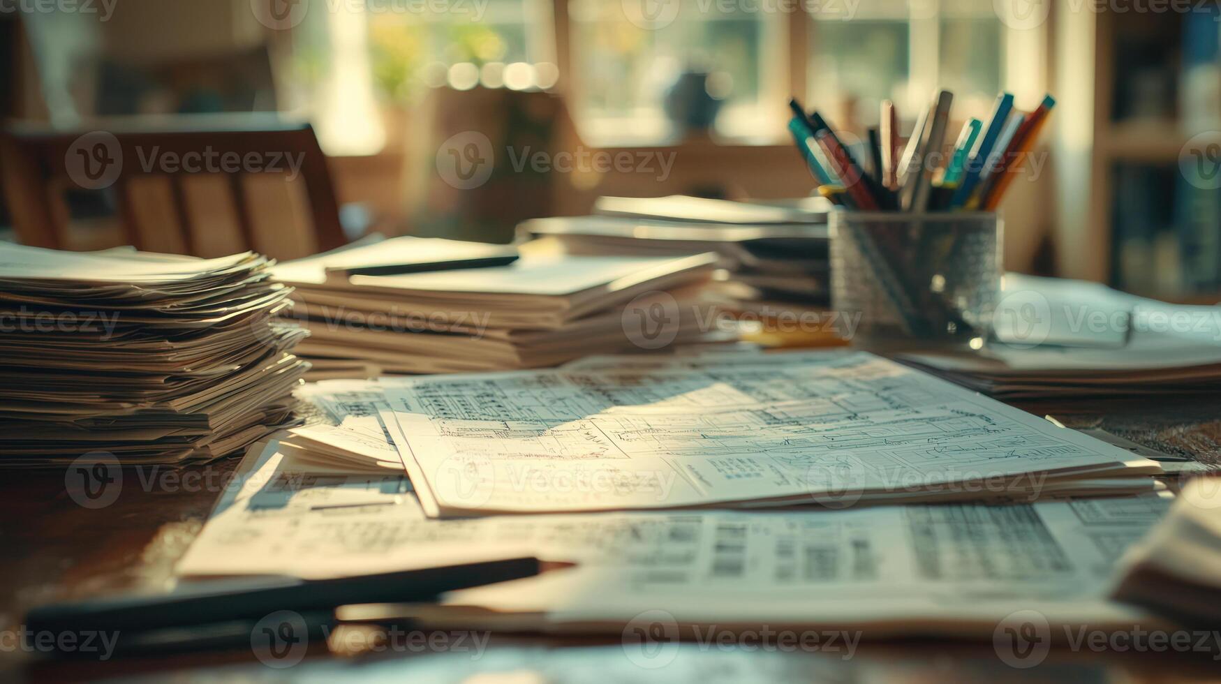 Scattered financial papers and highlighting markers in planning workspace create productive atmosphere photo