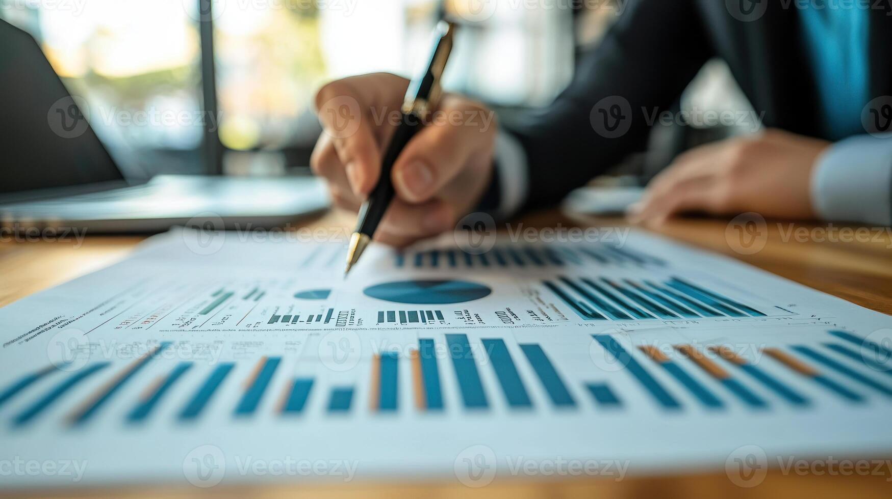 collaborative meeting with financial planning documents and data visualization charts central table, showcasing analysis and photo