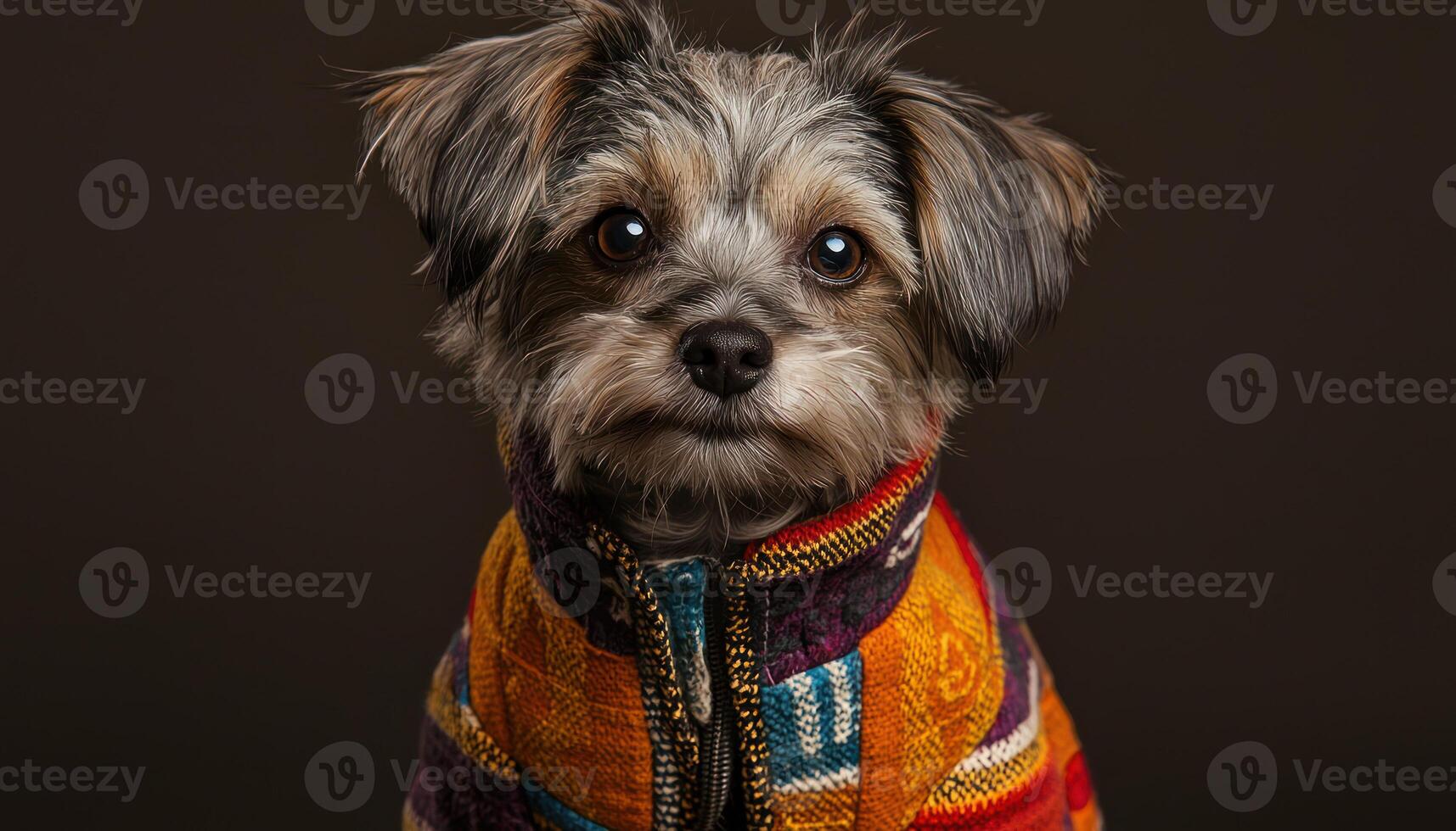 Small dog wearing colorful patterned coat, standing confidently and looking adorable photo