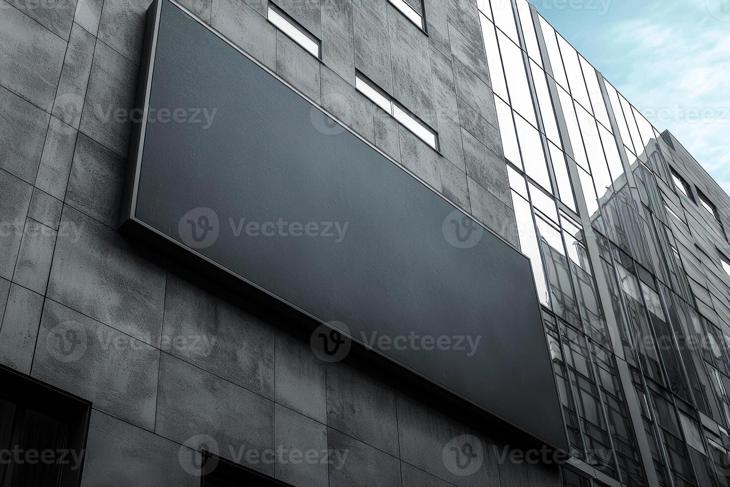 Modern architecture features large advertising banner space on sleek building facade, showcasing creative design elements photo