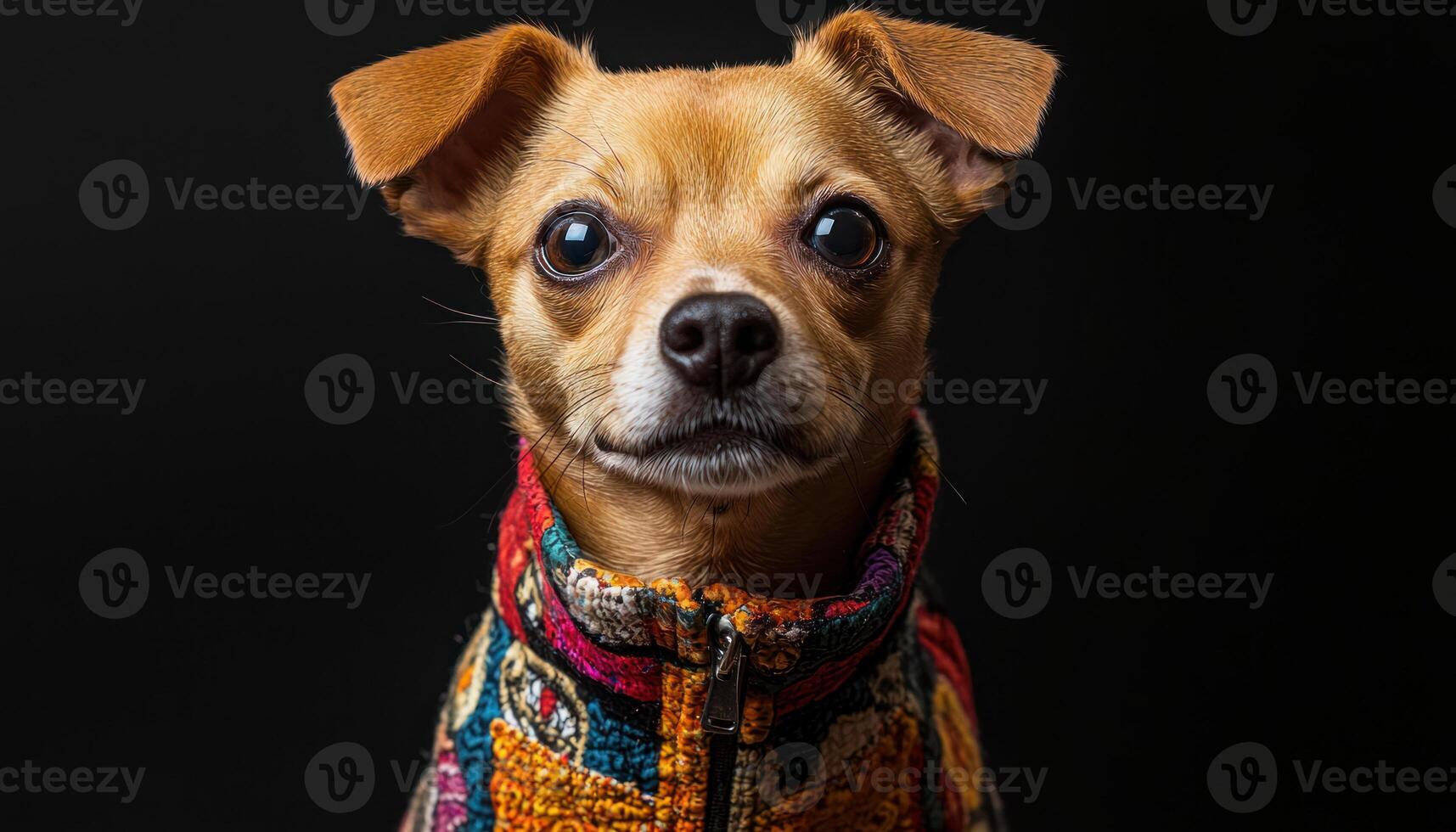 Small dog wearing colorful patterned coat standing confidently against dark background photo