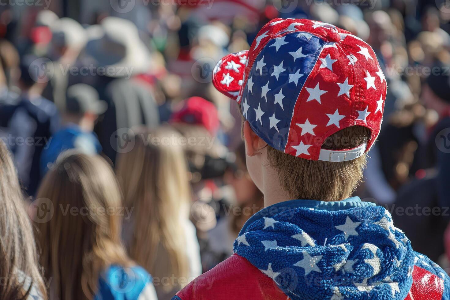 Red white blue clothing at Presidents Day parade with crowd in background photo