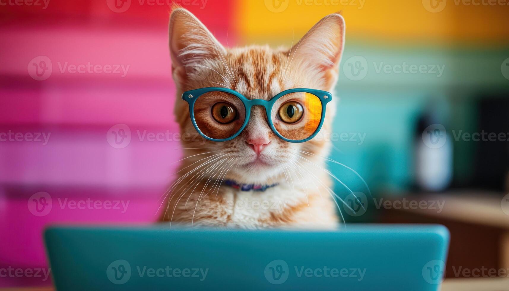 Cat influencer using laptop with quirky glasses in colorful background, showcasing playful and engaging vibe photo