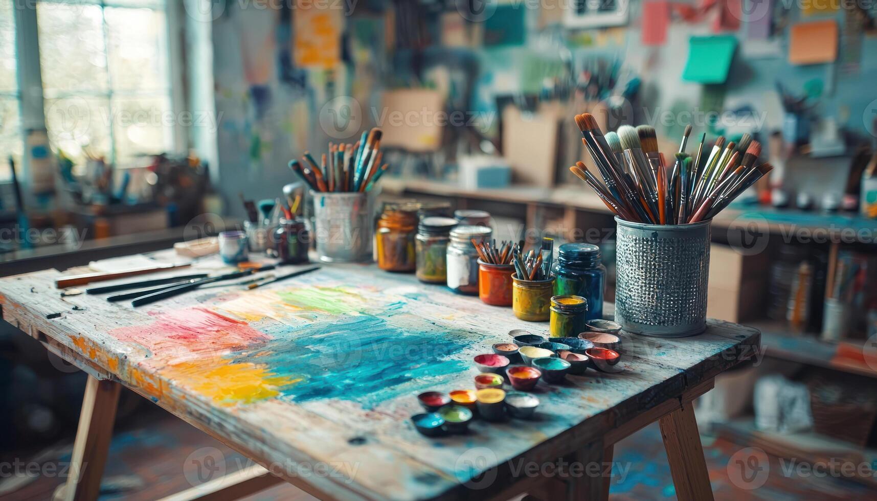 vibrant artist workspace filled with paint, brushes, and tools photo