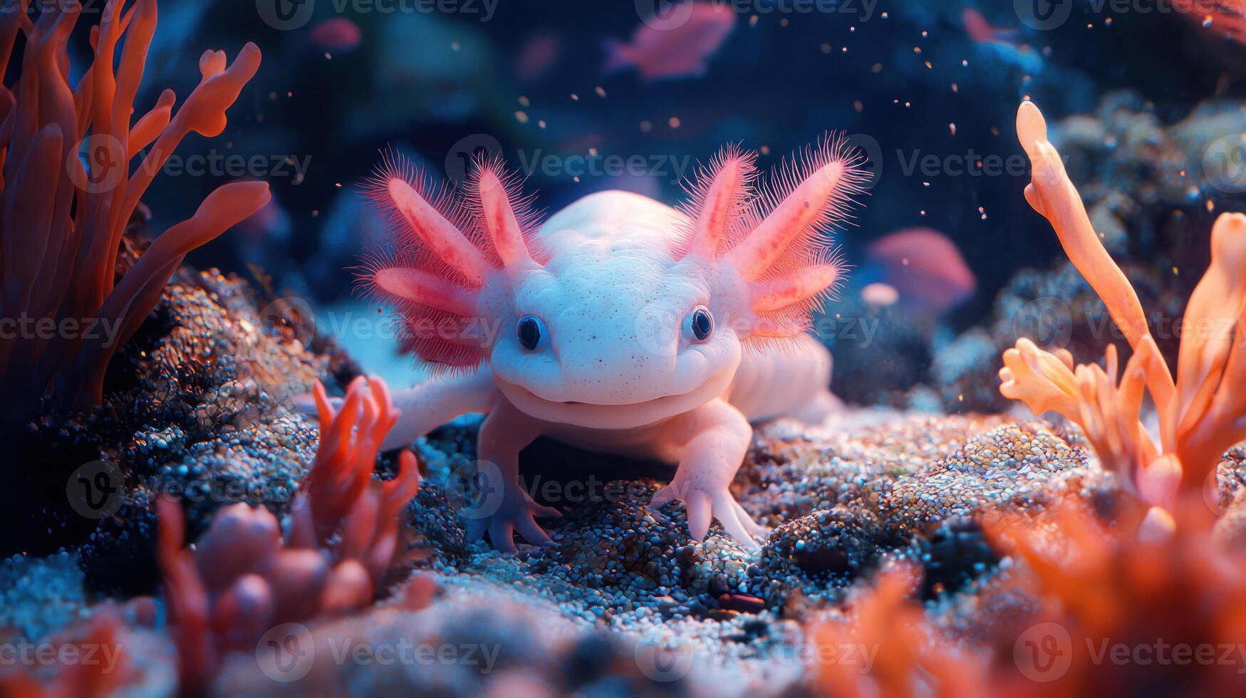 Axolotl pet in aquarium with vibrant coral, showcasing unique pose and interaction photo
