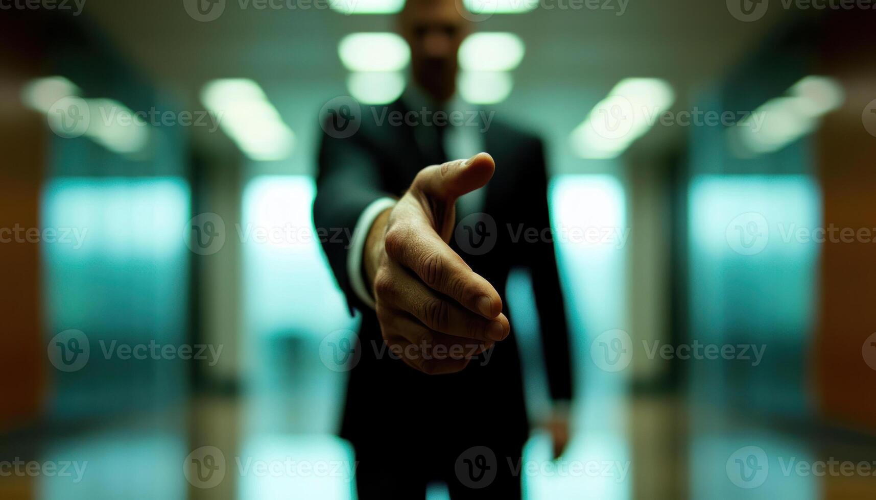 strong handshake in corporate setting with blurred office background conveys professionalism and trust photo