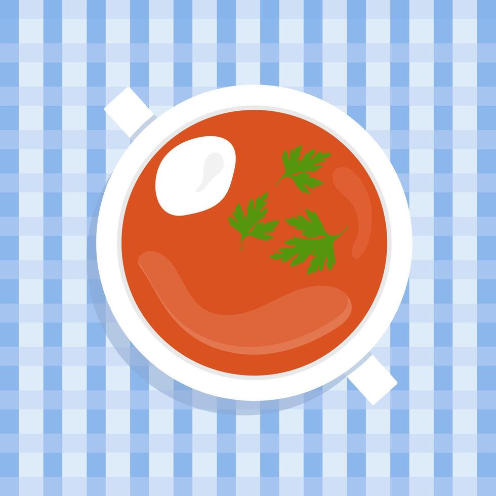 Bowl of borscht garnished with sour cream and parsley leaves. Traditional ukrainian or russian dish. Beetroot soup concept isolated on checkered tablecloth. vector