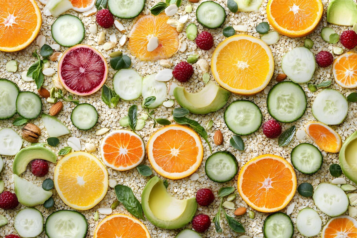 Vibrant Fruit and Vegetable Oatmeal Background Illustration photo