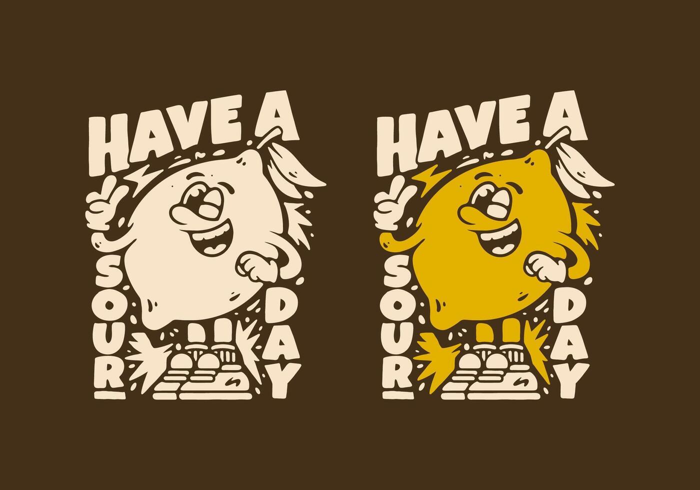 Two Happy lemon mascot with peace hand symbol. Have a sour day. Retro illustration vector