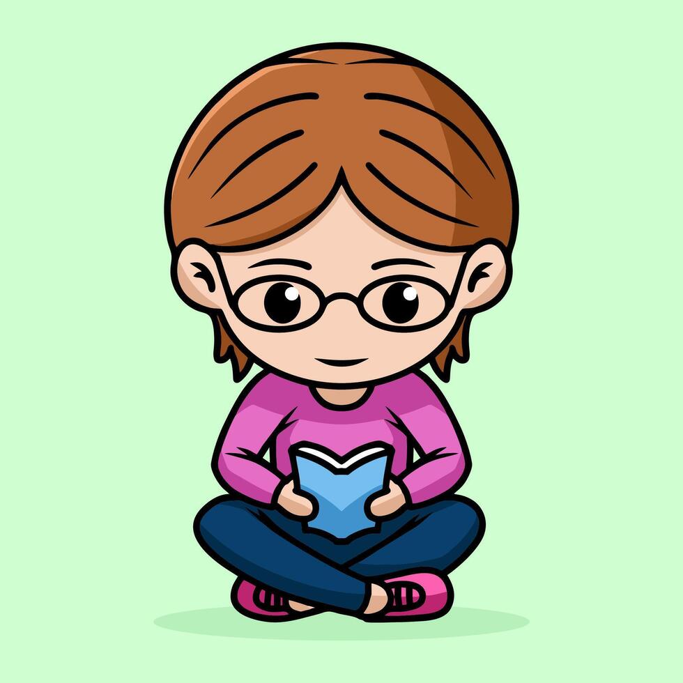 Bookworm chibi character reading a book, sitting cross legged vector