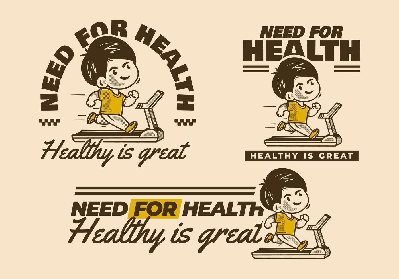 Need for health. Vintage boy character running on treadmill, in 3 version vector