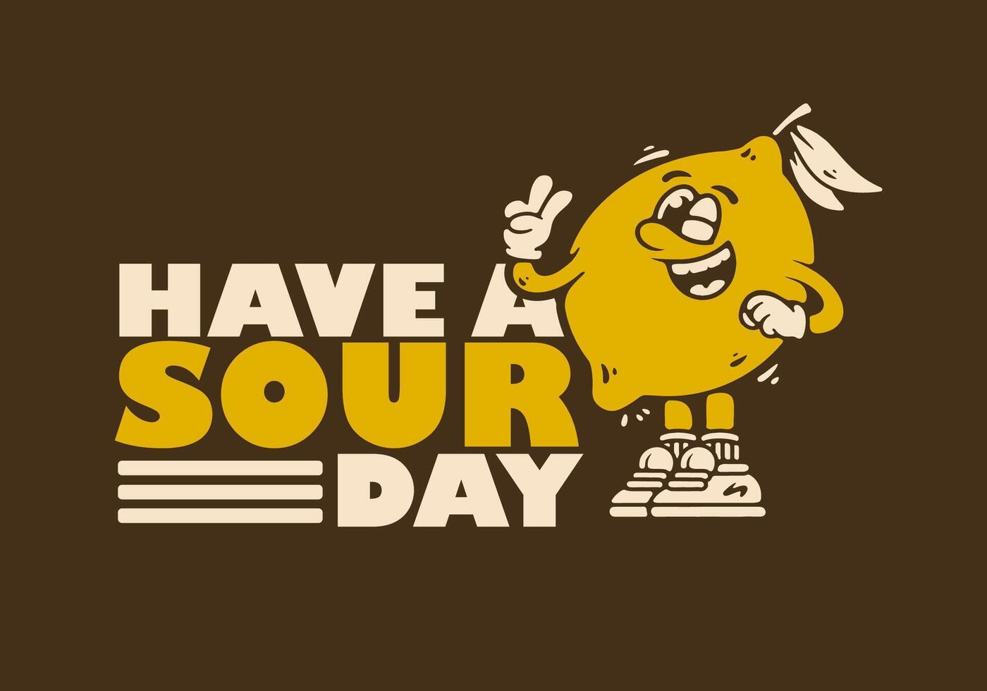 Happy lemon mascot with peace hand symbol. Have a sour day. Retro illustration vector