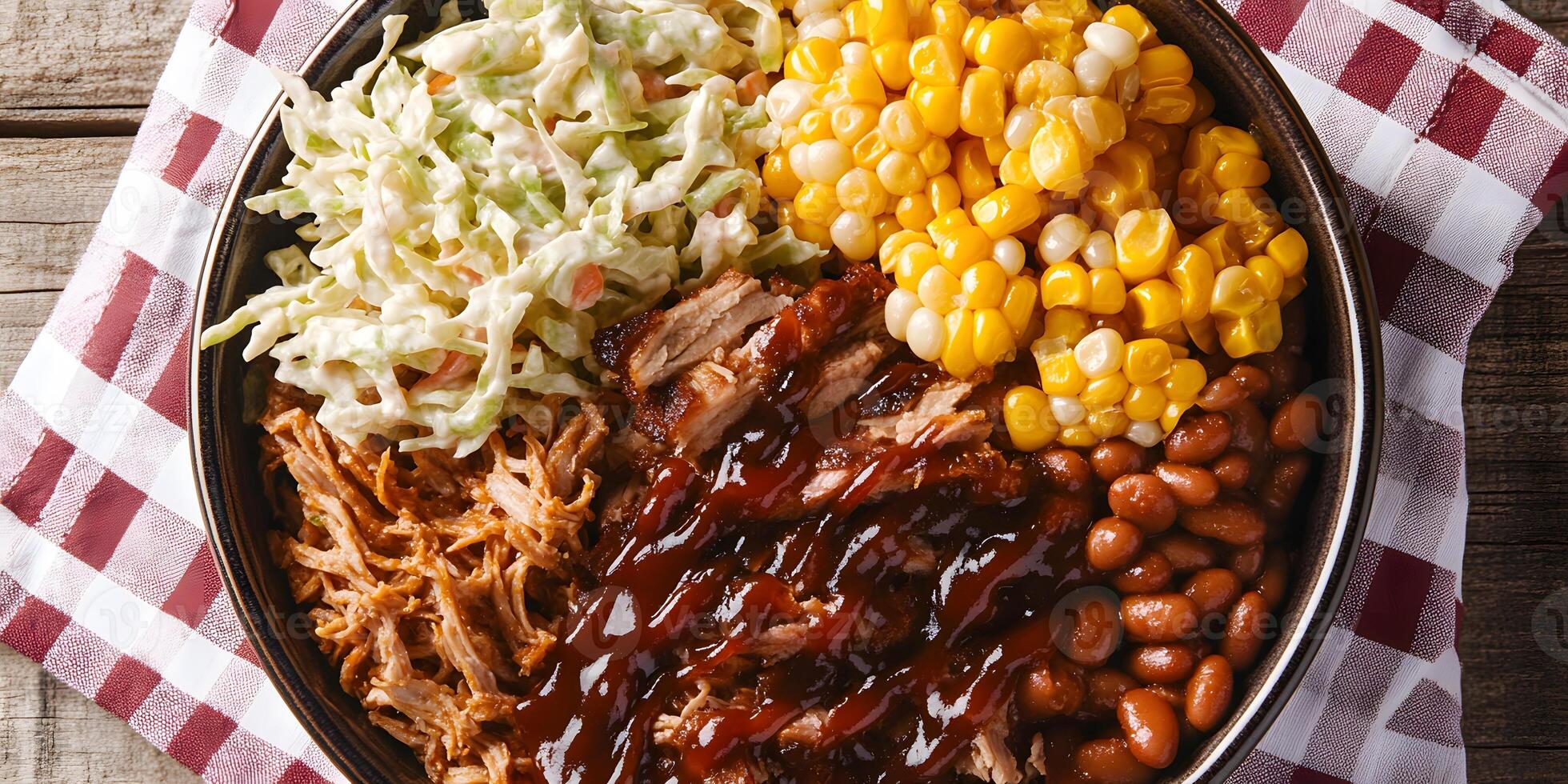 Delicious Pulled Pork Bowl with Coleslaw, Corn, and Baked Beans A Realistic Food Photo