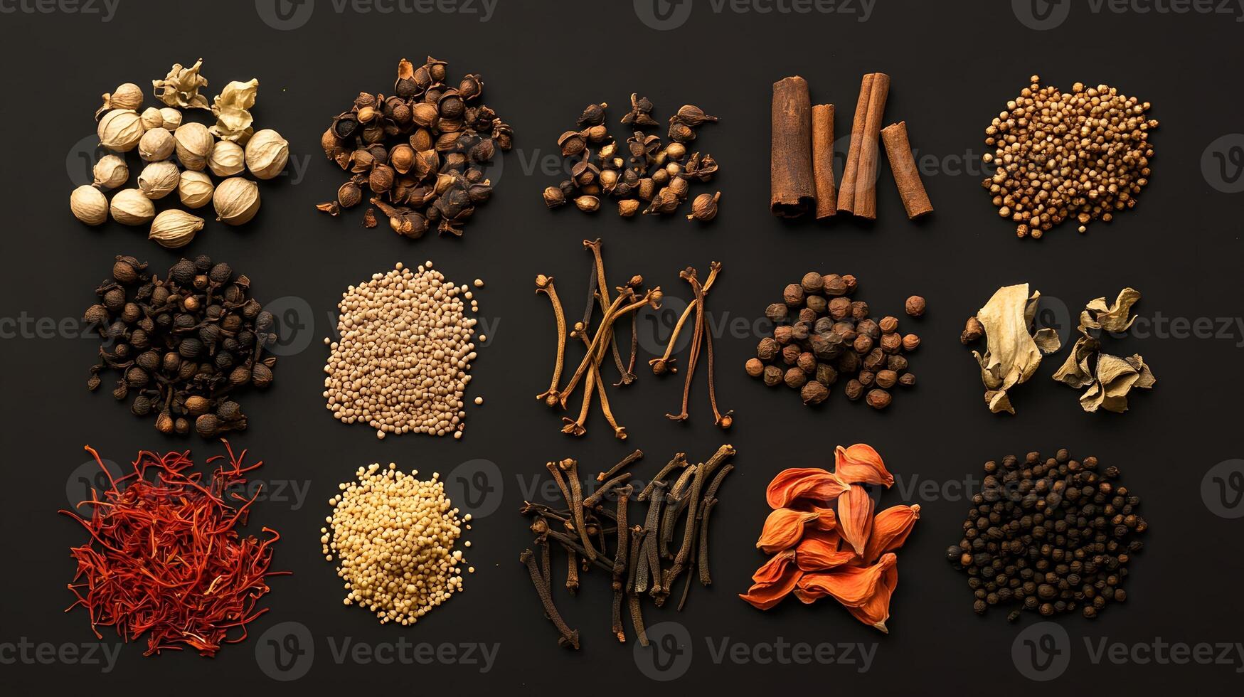 Spice Collection Flatlay Photography Aromatic Herbs and Spices Dark Background photo
