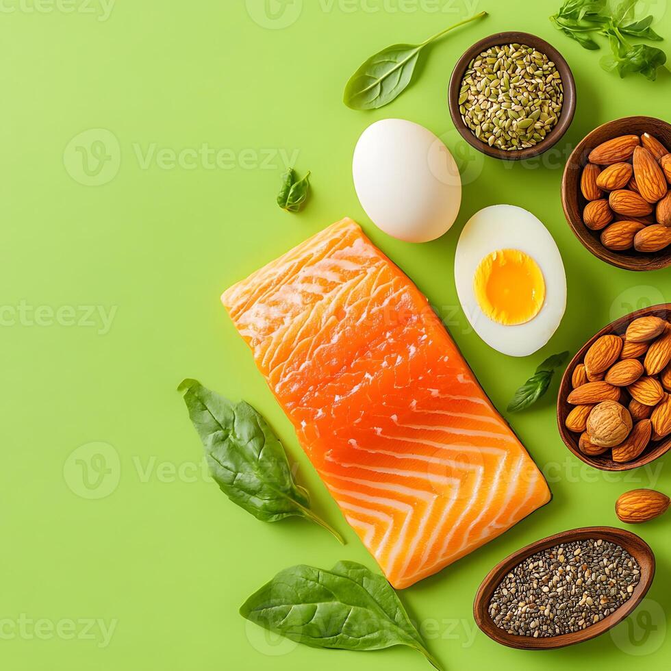 Healthy Eating Food Photography Green Background Salmon Eggs Nuts Seeds Illustration photo