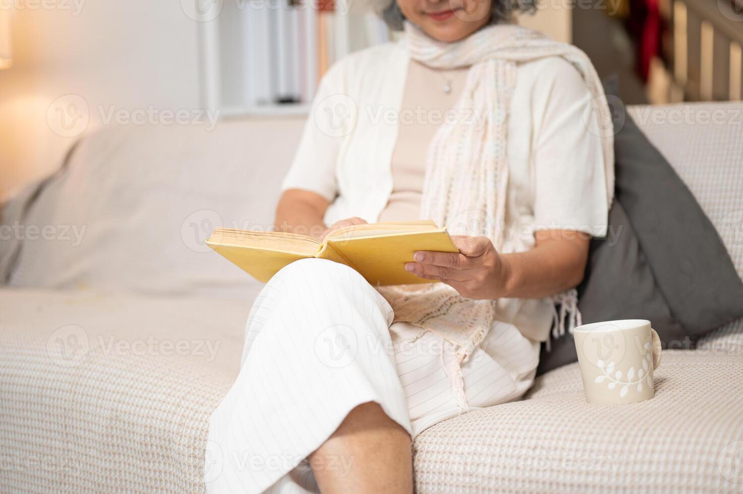 A close-up of a happy Asian retired senior woman relaxes on a sofa, enjoying reading a book. photo