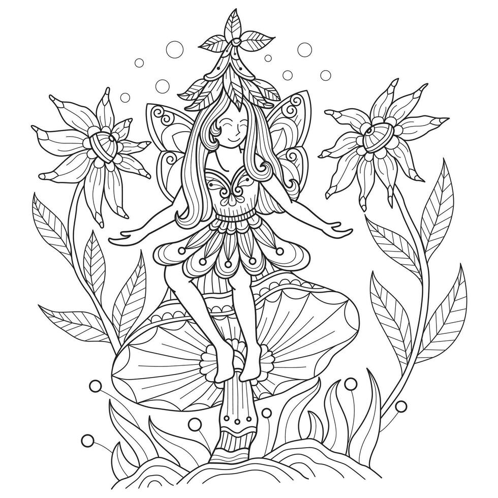 Little angel on the mushroom hand drawn for adult coloring book vector
