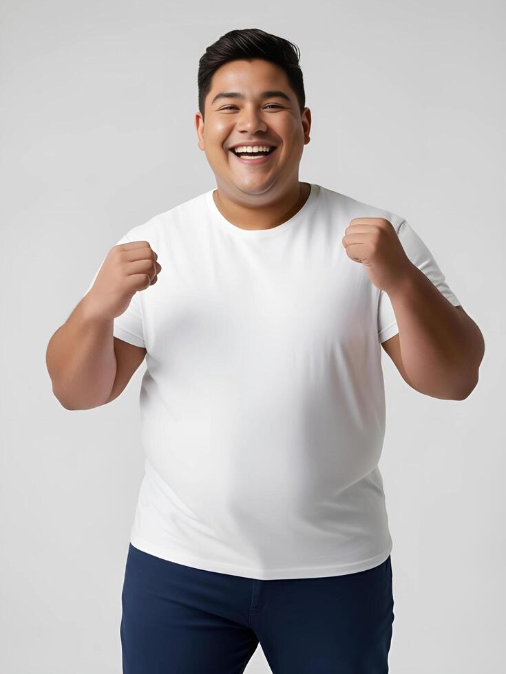 A joyful plus-size man celebrates in a crisp white tee and navy pants Perfect for showcasing plus-size fashion and positive body image. photo