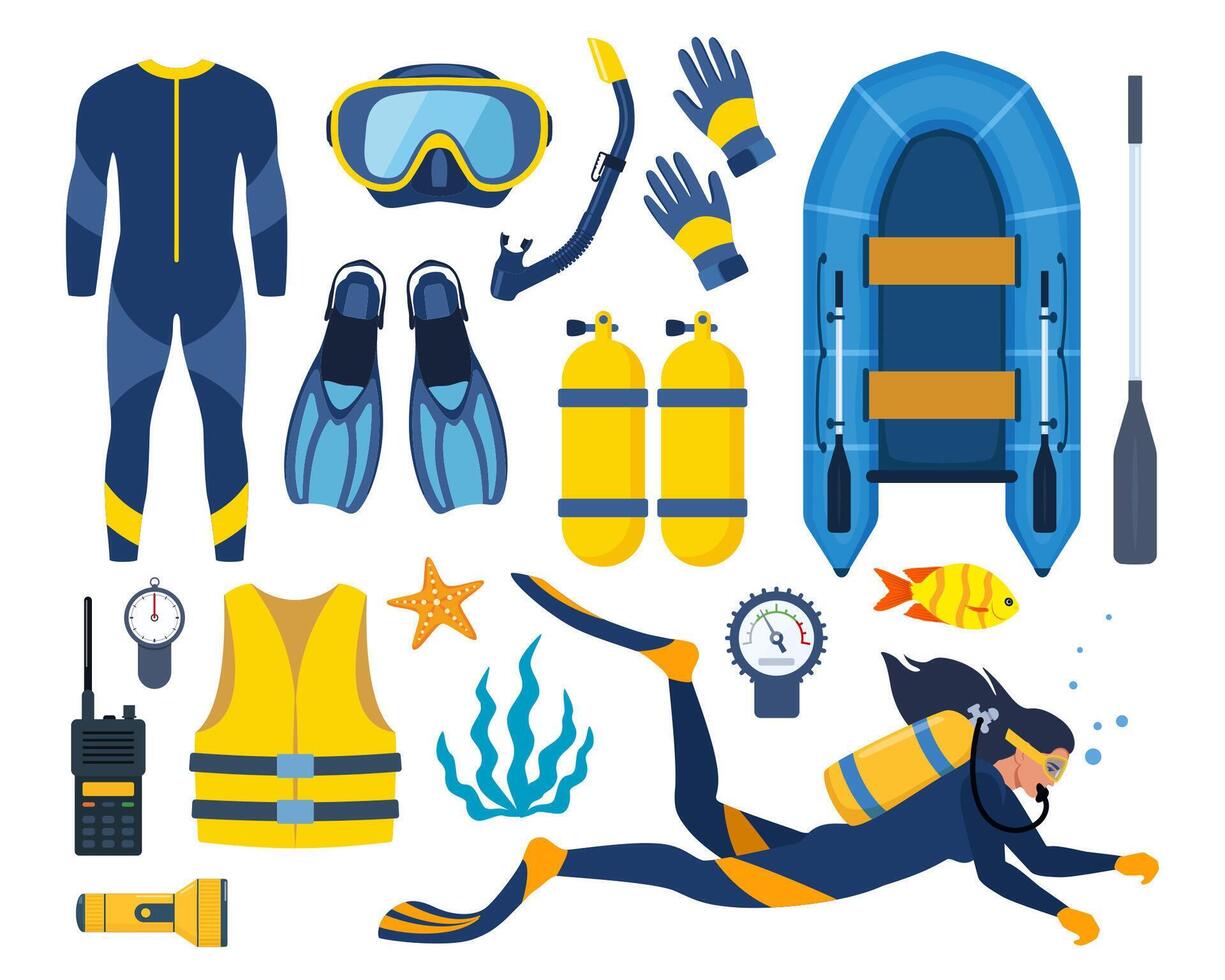 Set of scuba diving accessories. Diver, aqualung, oxygen cylinders, wetsuit, scuba mask, snorkel, boat, camp, vest, flippers, life jacket, fins, boat, etc. illustration vector
