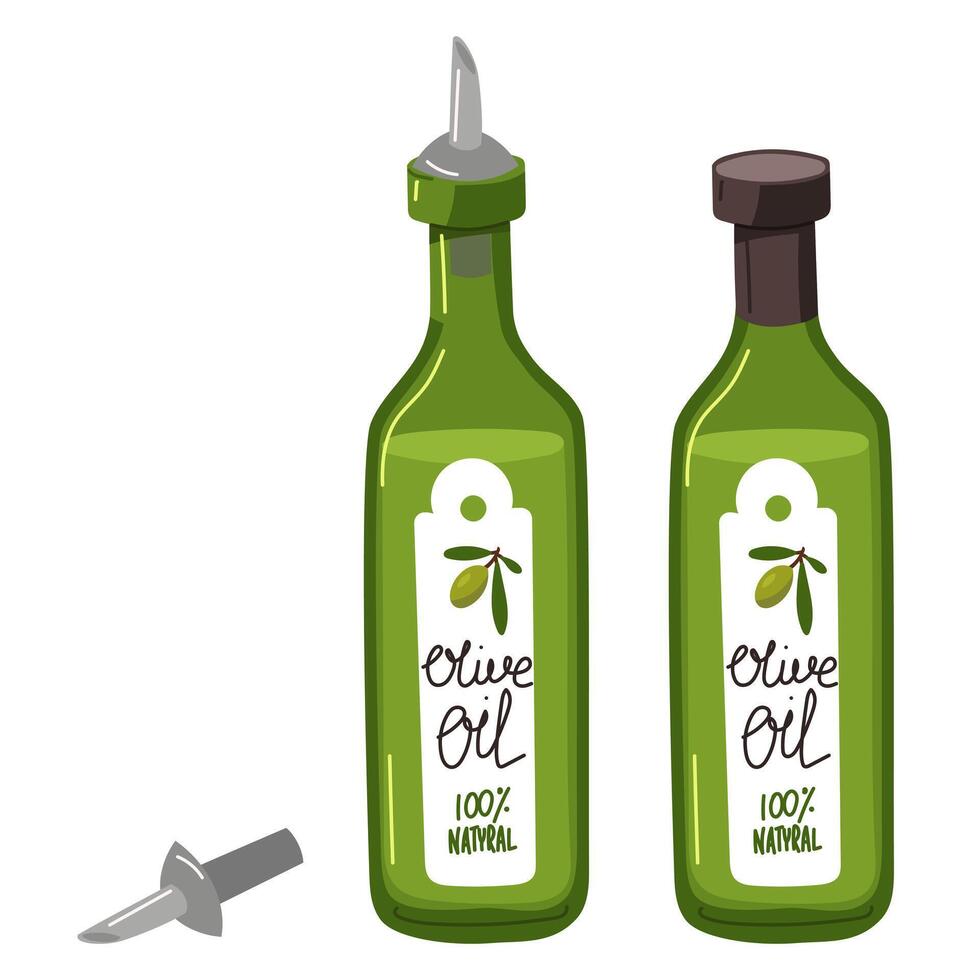 set of olive oil bottles with dispenser. flat illustration is isolated on white. Elements of natural realistic objects are store-bought glass containers for selling oil. For recipes of natural dishes vector
