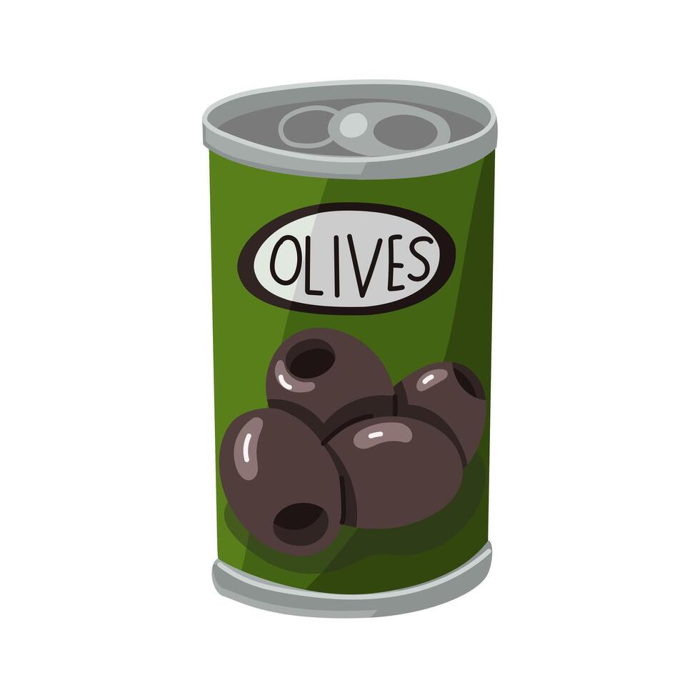 Jar of Black Olives. Pickled black olives in a sealed iron jar. Cooking, appetizer. Olives in marinade liquid. Isolated illustration in a flat style. A sticker for the menu, a list of ingredients vector