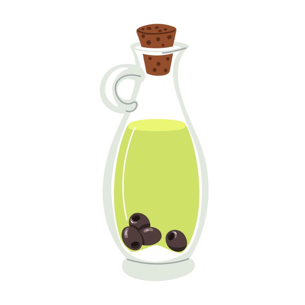 Bottle of homemade Olive oil, closed with olives inside. flat illustration is isolated on white. transparent glass container with handle is covered, cork lid for home use. recipes of natural dishes vector