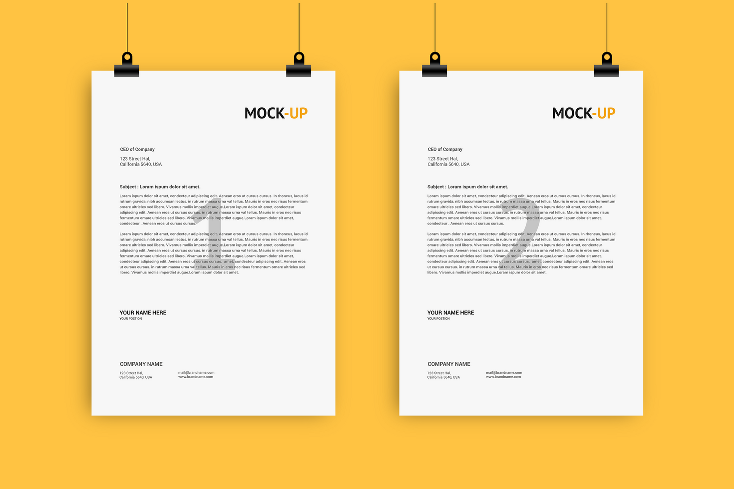 Two Hanging A4 Pages Letterhead Mockup psd