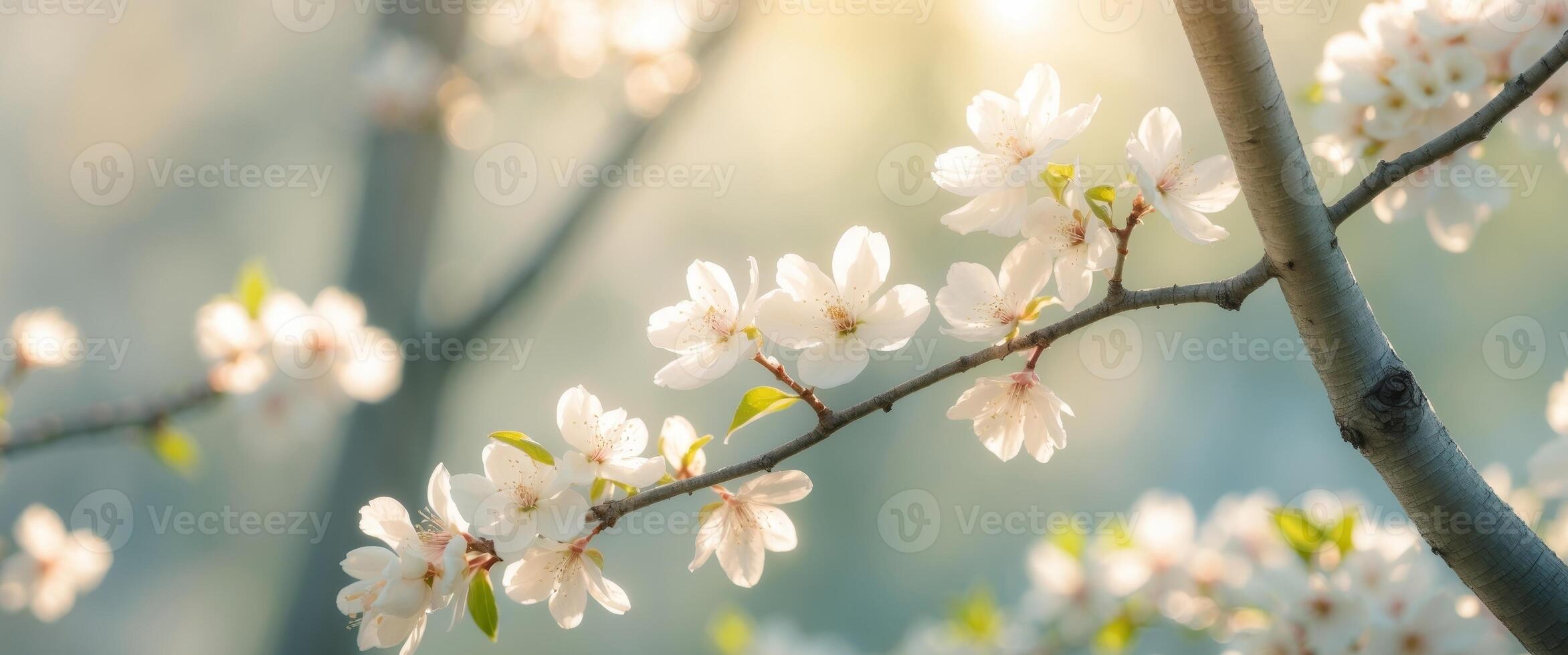 Sunlit white blossoms on a tree branch during springtime photo