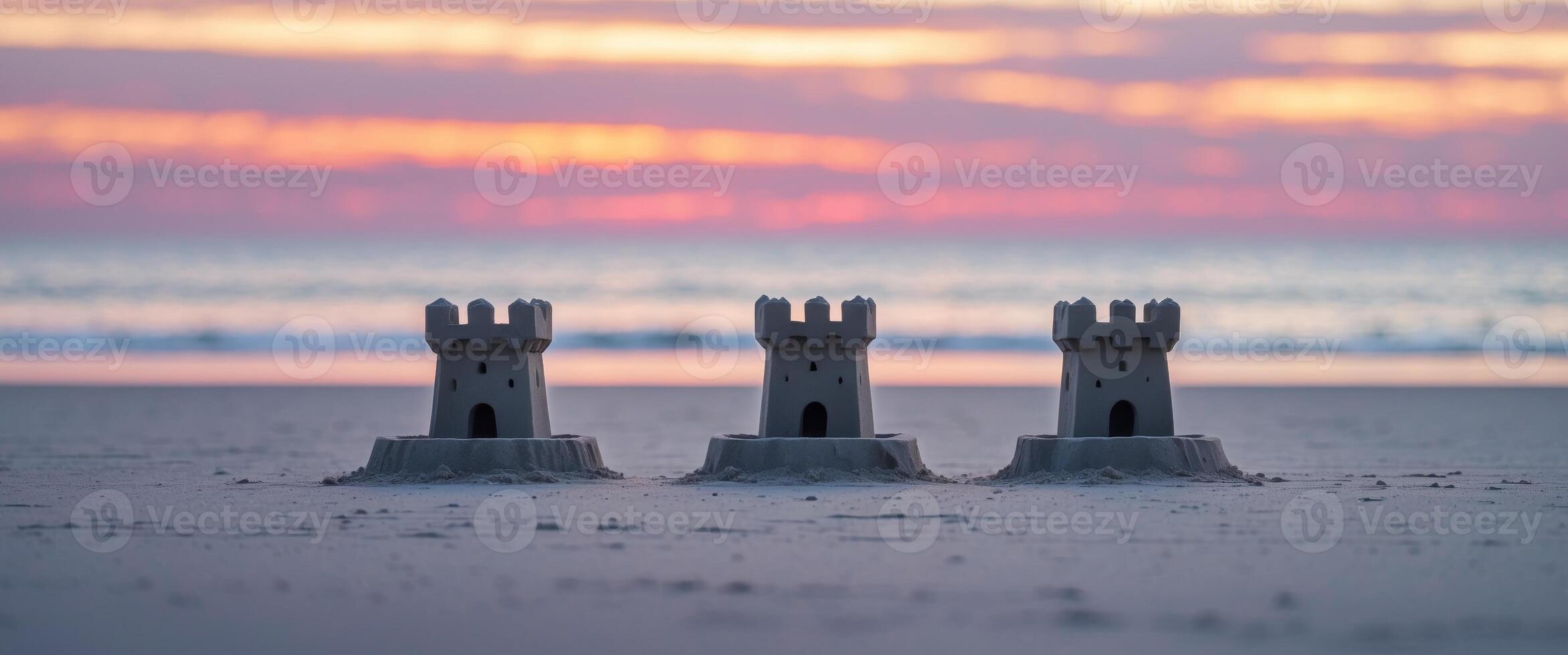 Three Small Sandcastles on a Beach at Sunset. photo