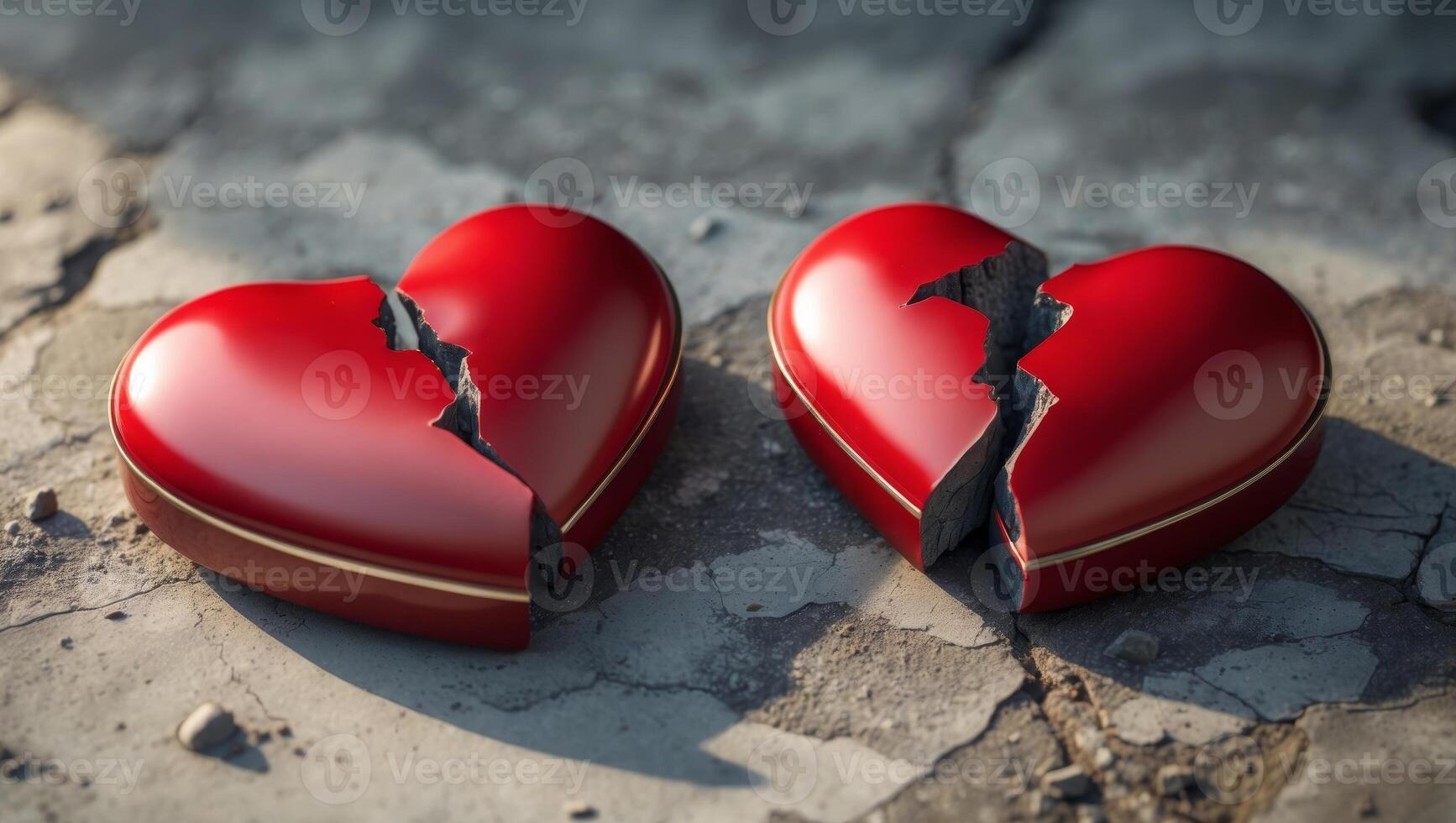 Two red hearts split apart on a stone surface for a symbolic Valentine's Day image photo