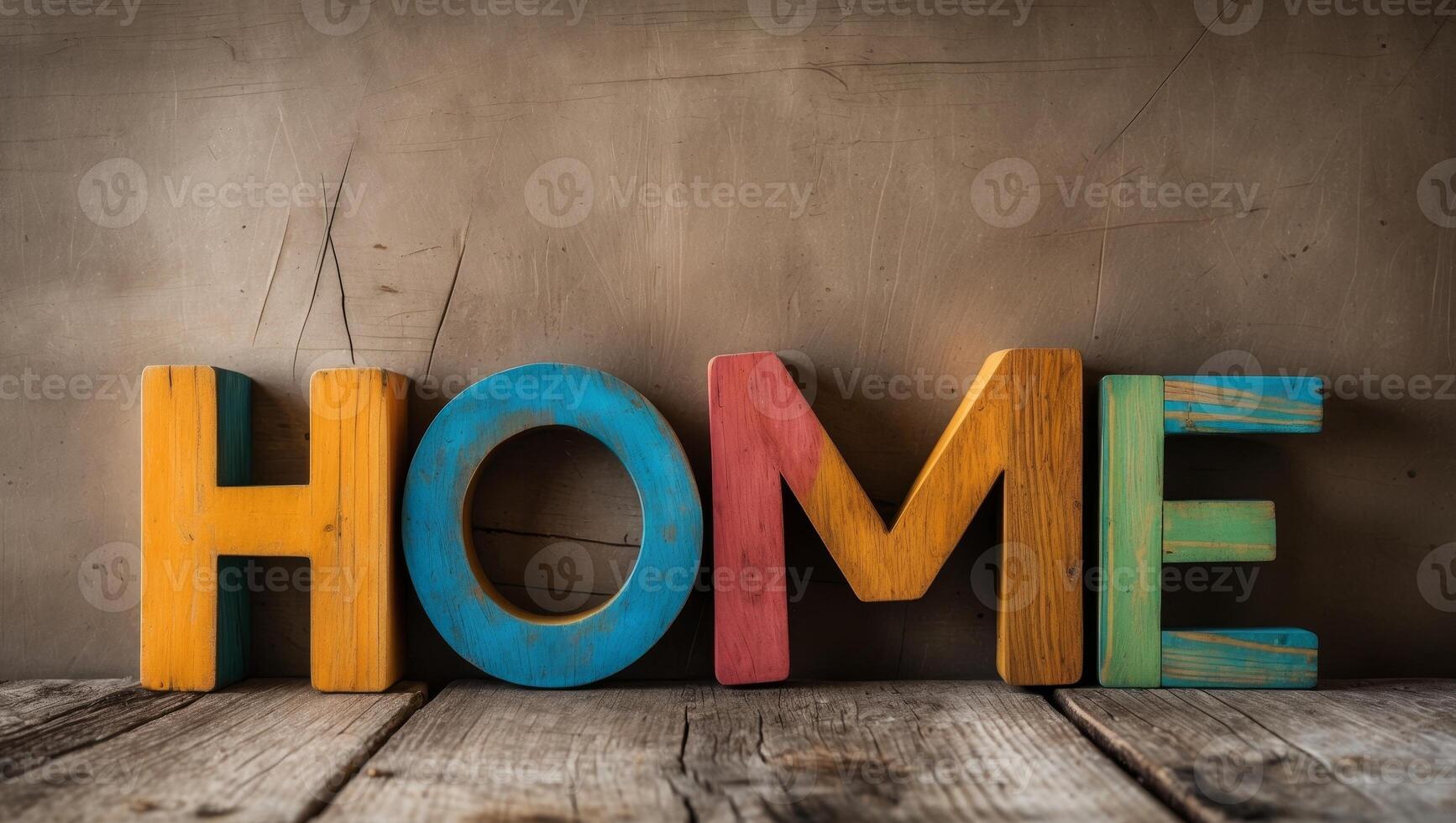 Four colorful wooden blocks spelling home resting on a rustic wooden surface. photo