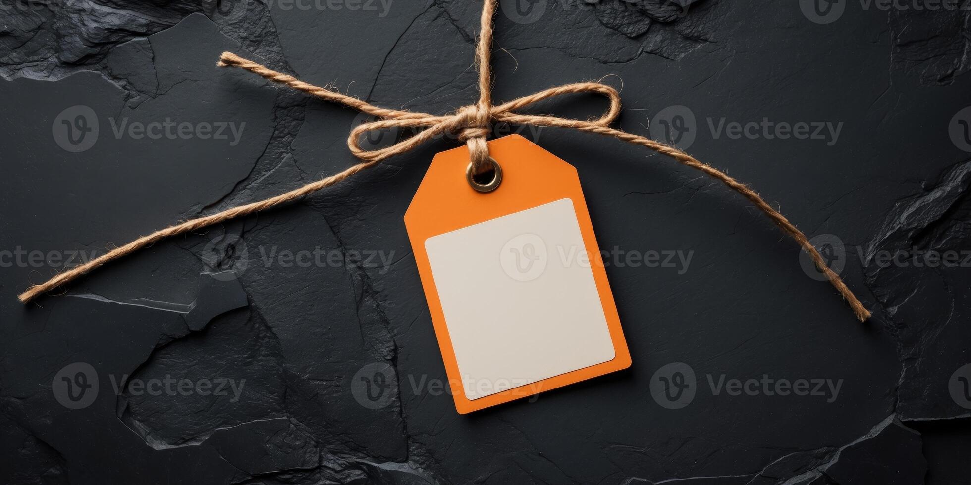 Blank Orange Tag Label with Jute String on Dark Textured Background photo