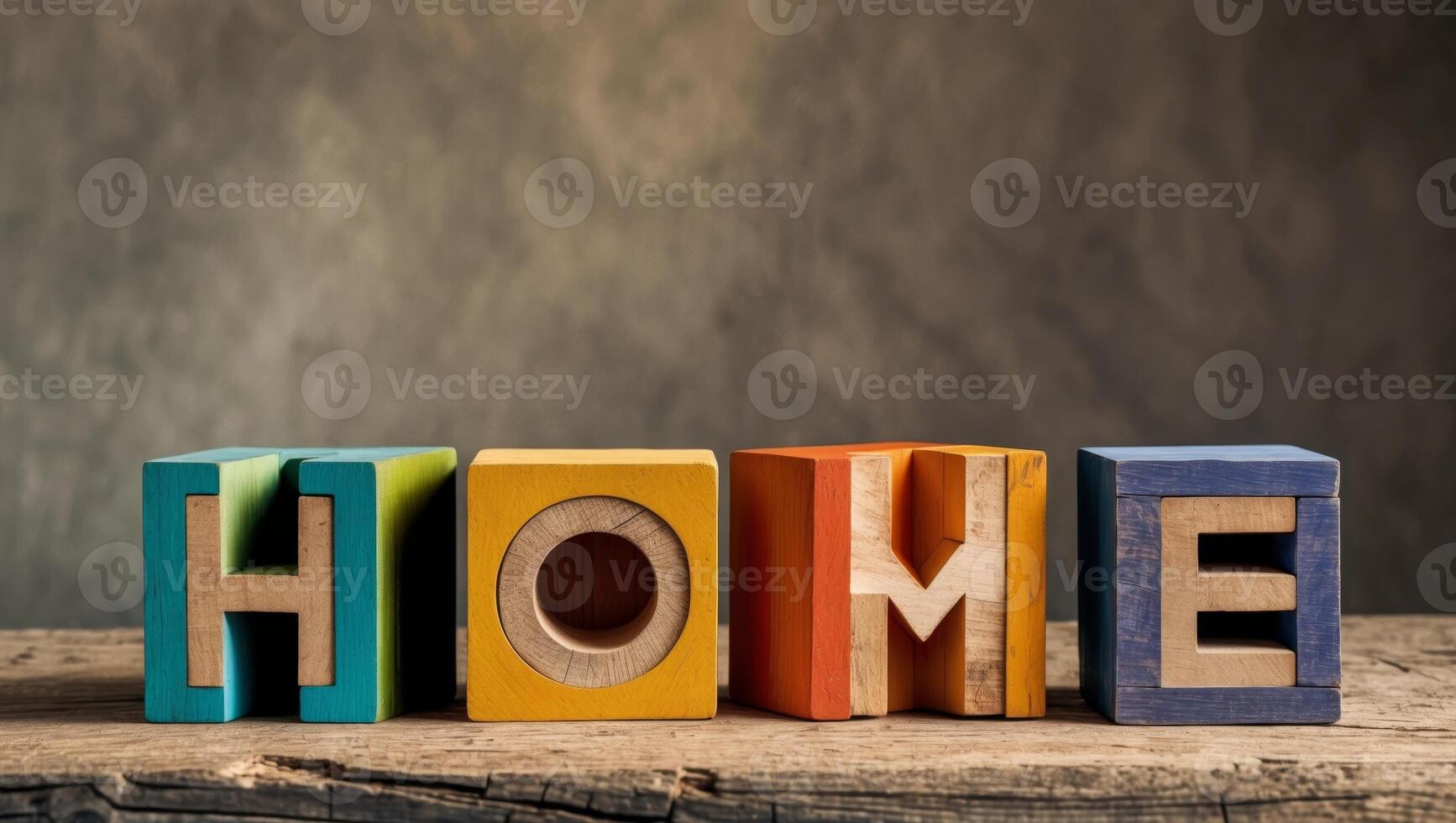 Four colorful wooden blocks spelling home resting on a rustic wooden surface photo