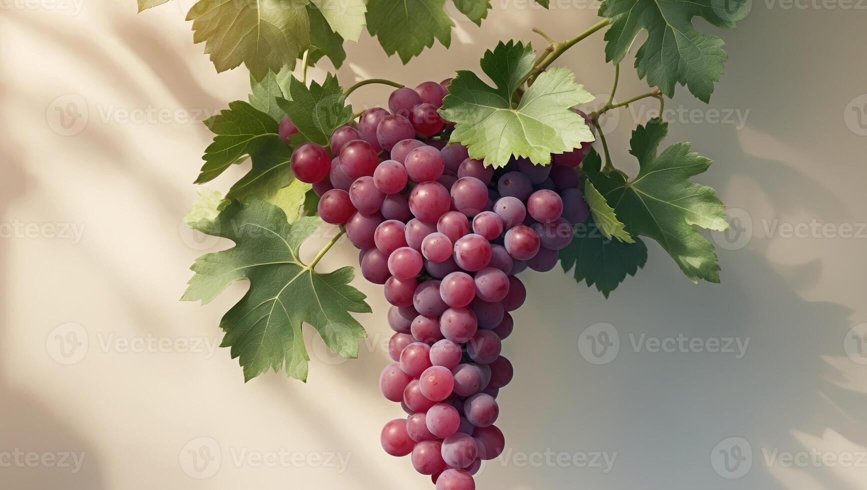 Bunches of juicy red grapes with green leaves. photo