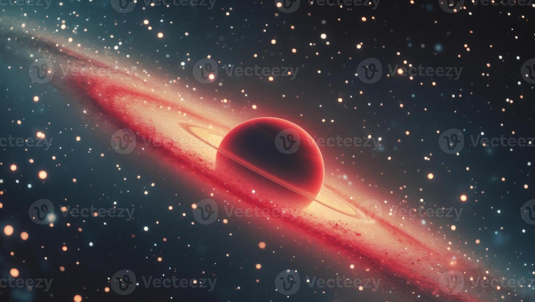 A red galaxy with a lot of stars and a red planet in the middle photo