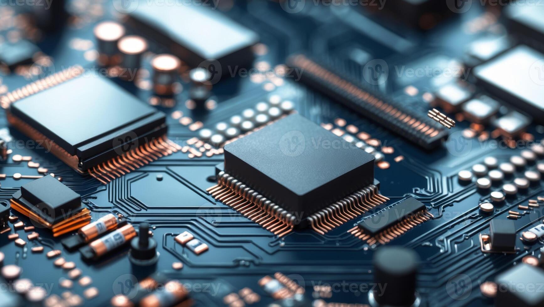 Abstract circuitry technology of electronic computer hardware on a background of circuit board photo