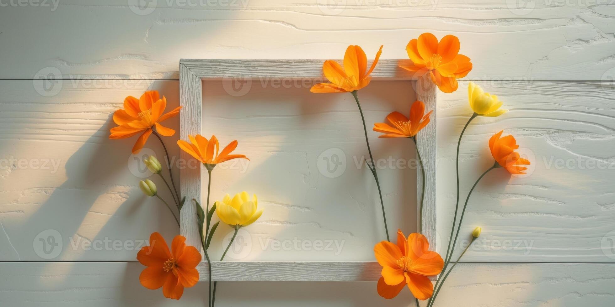 Spring background of wooden surface with frame of orange and yellow flowers. photo