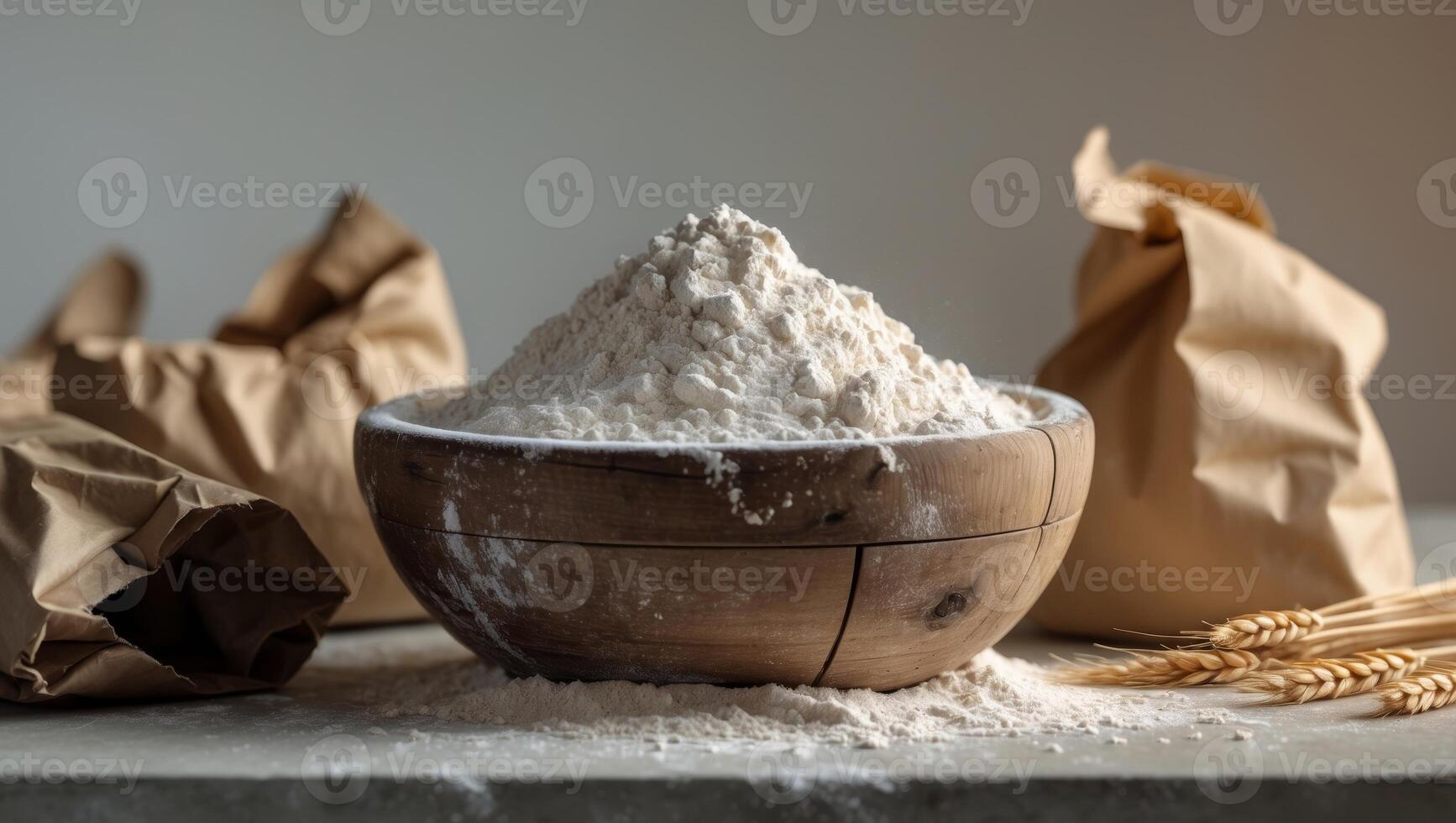 Flour in wood bowl with brown paper bags and wheat stems photo