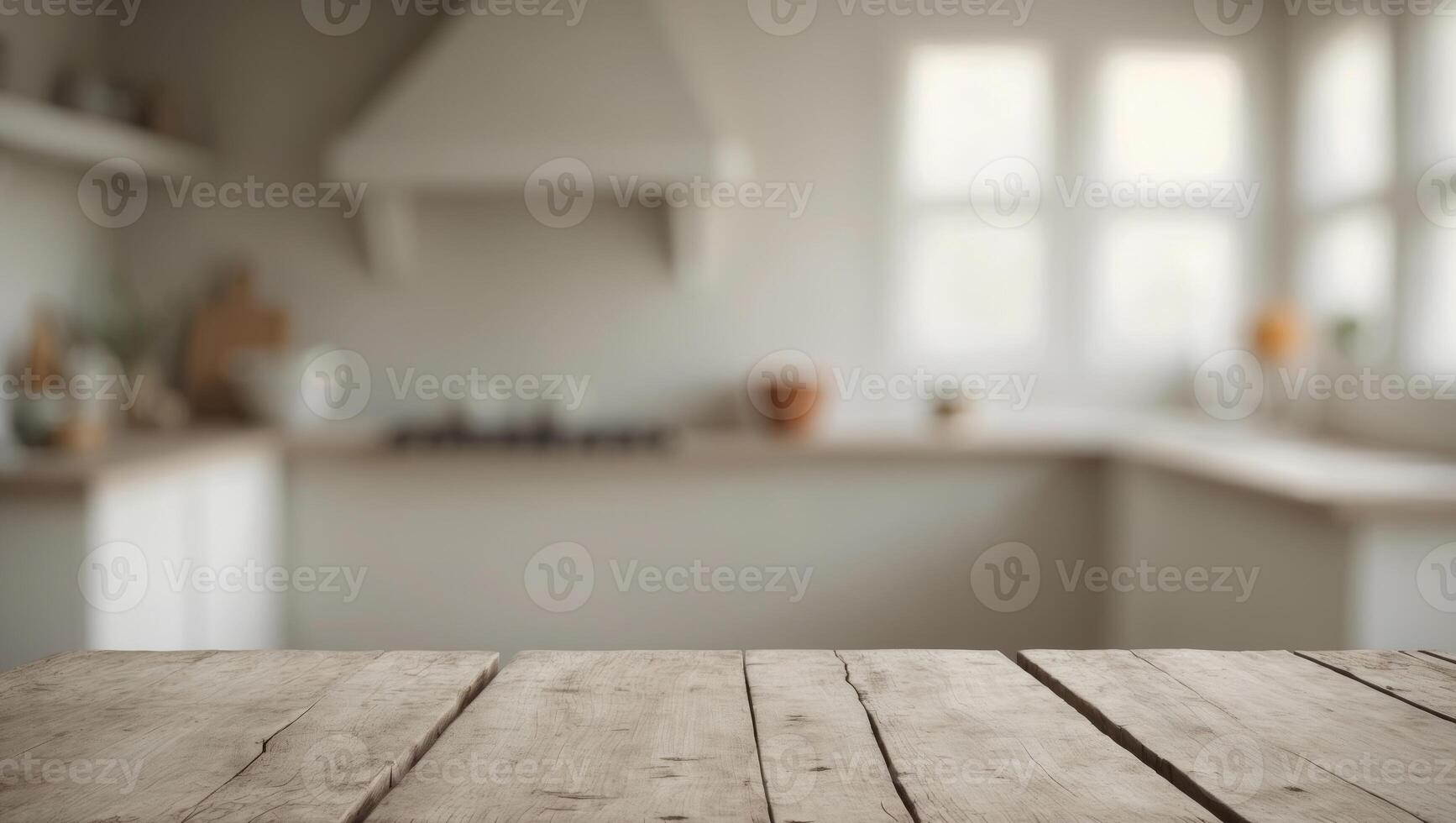 Empty wooden tabletop with blurred kitchen background with windows photo