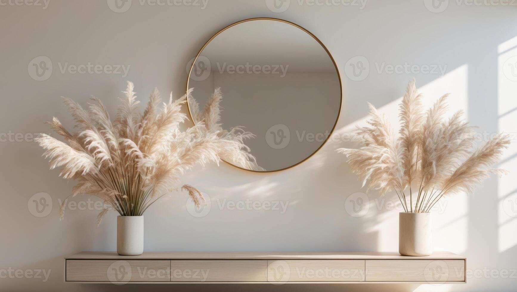 Stylish home decor featuring round mirror and pampas grass in a serene living room setting. photo