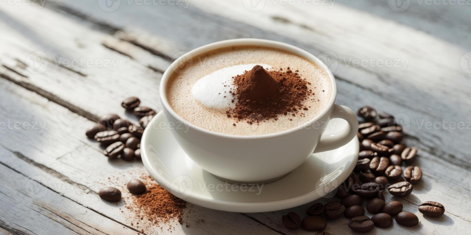 Delicious coffee with frothy milk and cocoa powder served with roasted coffee beans on wooden table photo