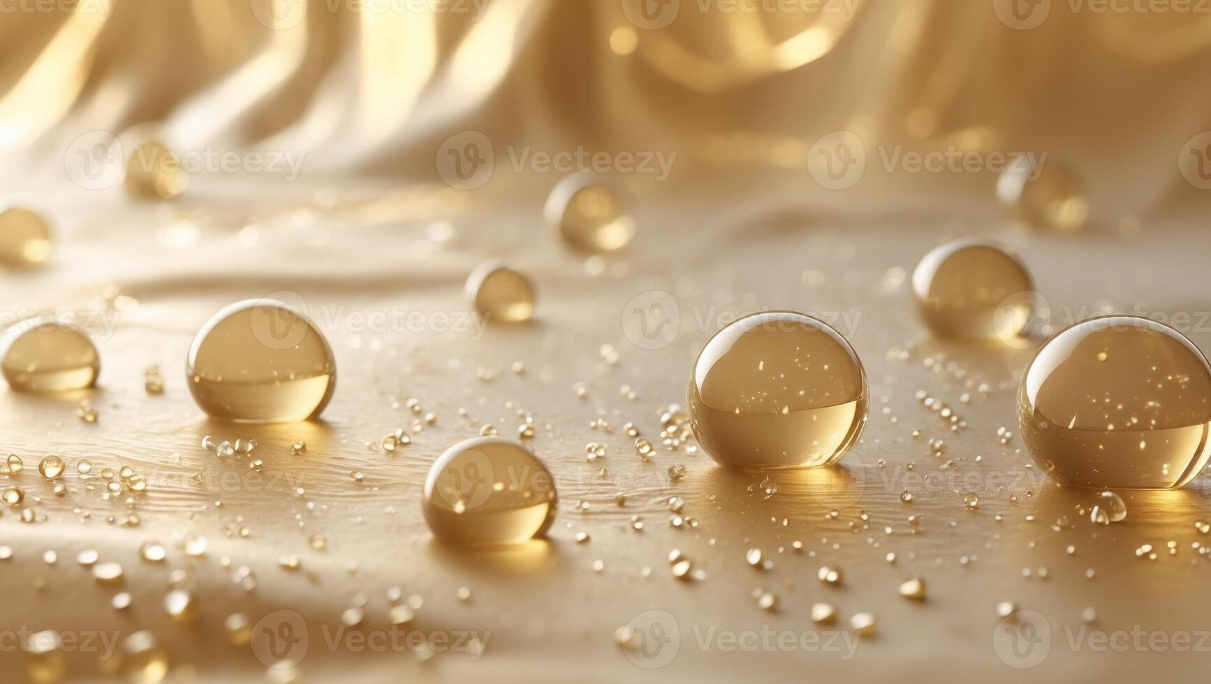 resumen dorado antecedentes con flotante esferas y agua gotas foto
