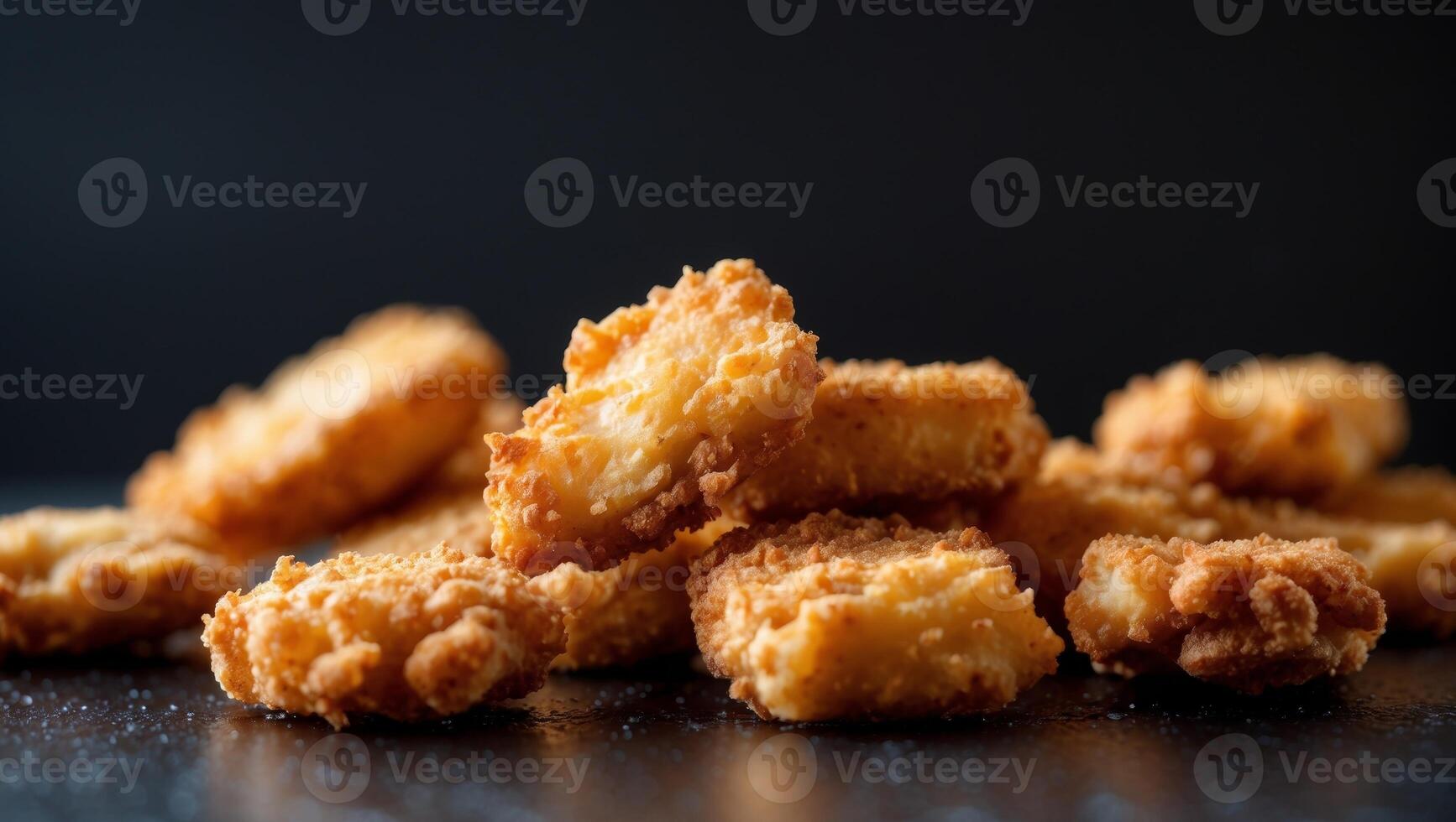 Close up freshly fried boneless chicken nuggets with black background photo
