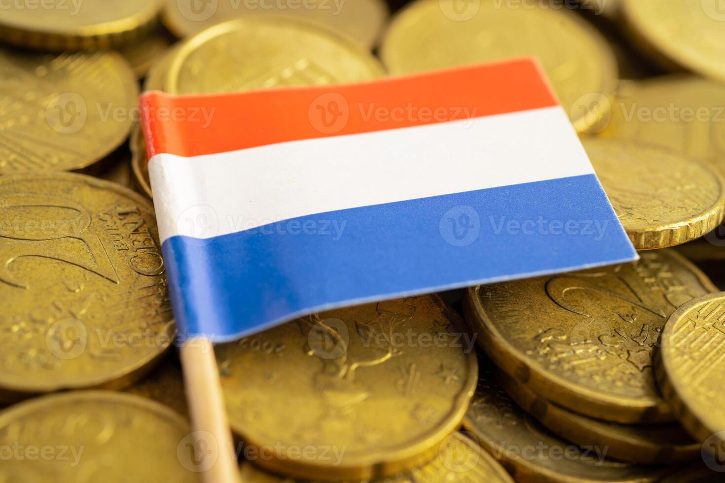 Netherlands flag on coins money, finance and accounting, banking. photo