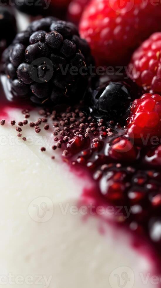 Divided dessert topped with a medley of vibrant berries on a smooth, creamy surface in a rustic setting photo