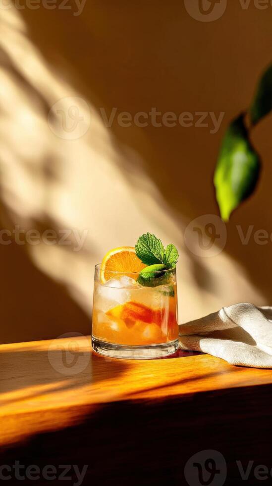 Refreshing mocktail garnished with mint and citrus served in a clear glass on a wooden table by a sunlit window photo