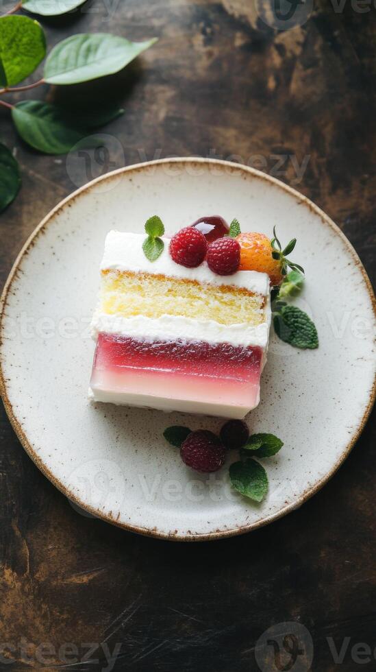 Delicious layered dessert with jelly and cream on a rustic plate surrounded by fresh fruits and mint leaves photo